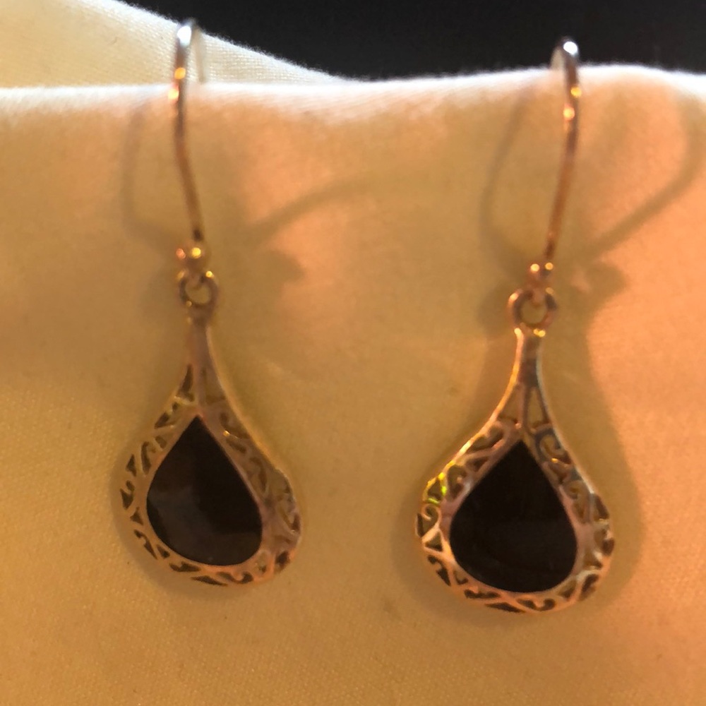 Black stone encased in pure silver earrings